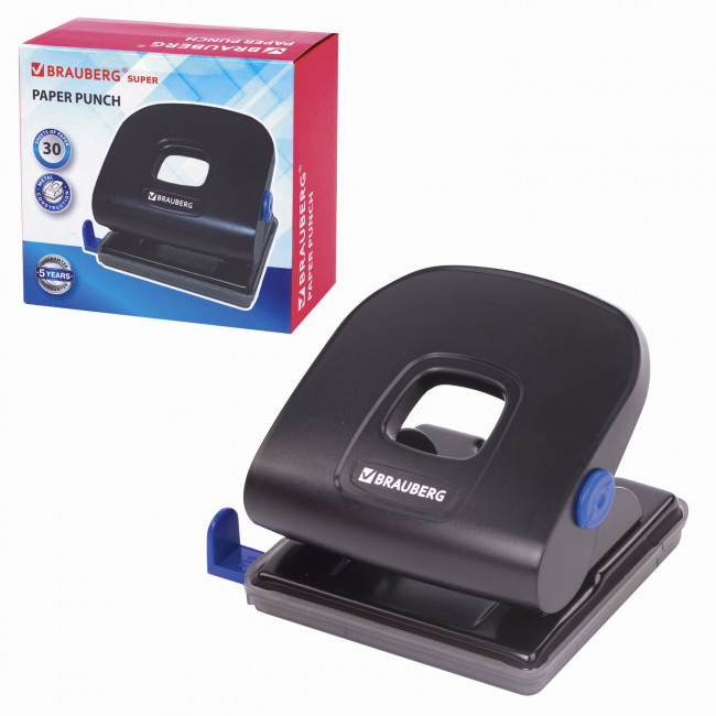 Дырокол металлический BRAUBERG "Extra", до 30 листов, черный