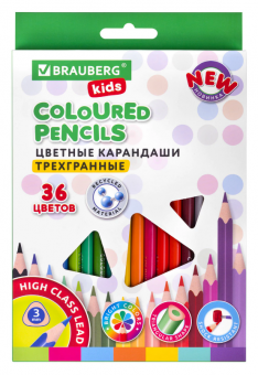 Карандаши цветные BRAUBERG KIDS NEW, 36 цветов, трехгранные, грифель 3 мм