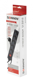 Сетевой фильтр SONNEN U-3515, 5 розеток, с заземлением, выключатель, 10 А, 5 м, черный