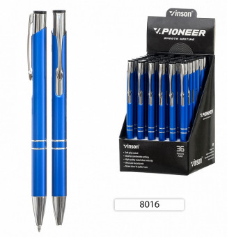 Автоматическая шариковая ручка с чернилами на масляной основе: "VINSON PIONEER"; металлический синий корпус; толщина пишущего узла 0,7 mm, цвет чернил