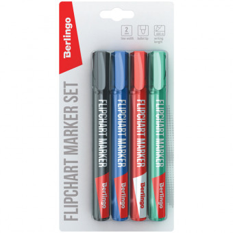 Набор маркеров для флипчартов Berlingo "Uniline FM200", 4цв., пулевидный, 2мм, блистер, европодвес