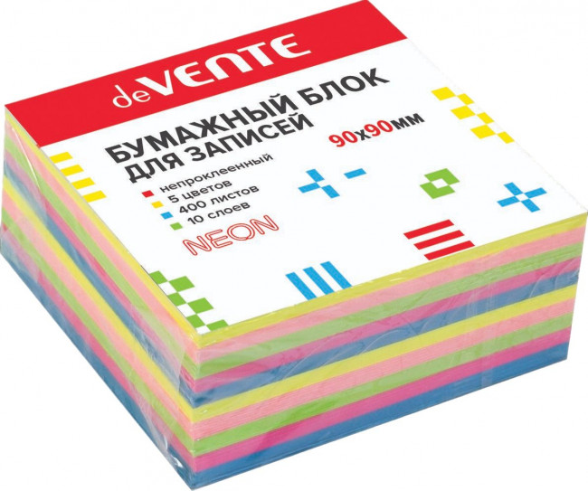 Куб бумажный для записей "deVENTE" 90x90 мм, 400 листов, 5 неоновых цветов, 10 слоев, непроклеенный, офсет 80 г/м²