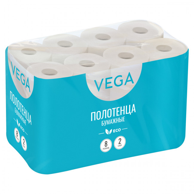 Полотенца бумажные в рулонах Vega, 2-слойные, 8шт., 12 м/рул., тиснение, цвета естественного волокна Полотенца бумажные в рулонах Vega, 2-слойные, 8шт., 12 м/рул., тиснение, цвета естественного волокна