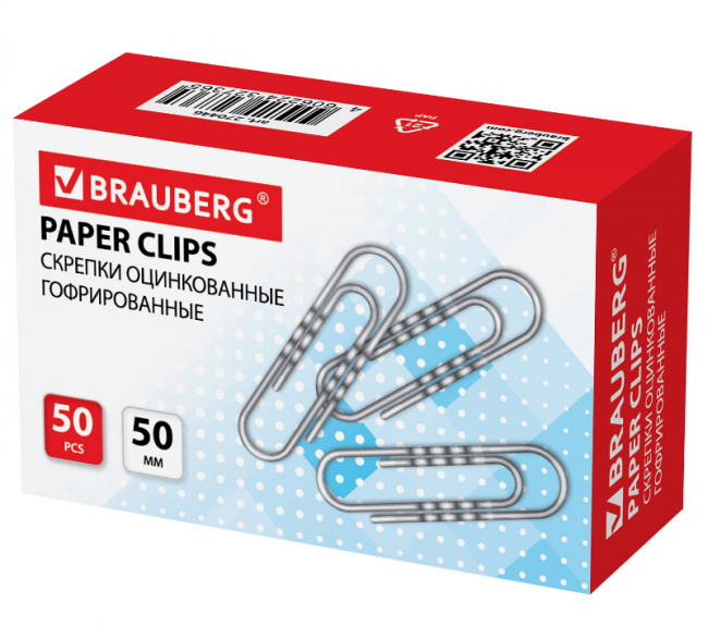 Скрепки 50 мм BRAUBERG оцинкованные, гофрированные, 50 шт., в картонной коробке, 270446