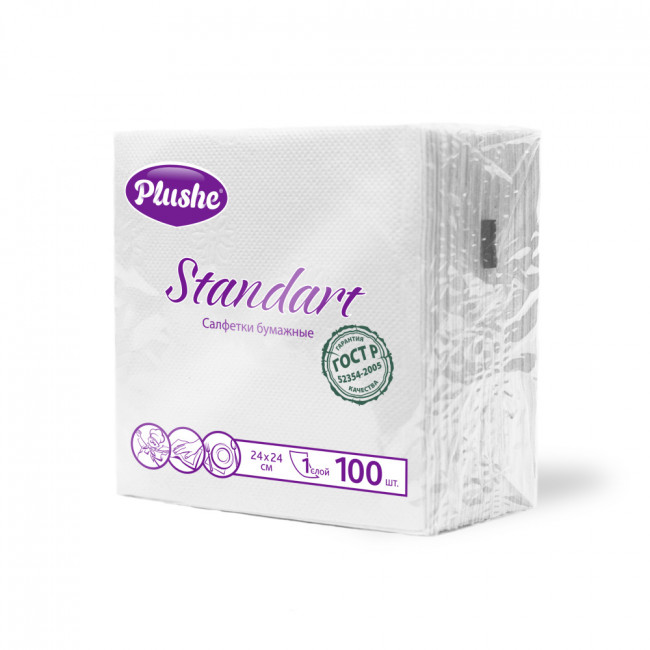 Салфетки бумажные 24*24/100 шт микротиснение, 1слой, белые, Plushe Standart