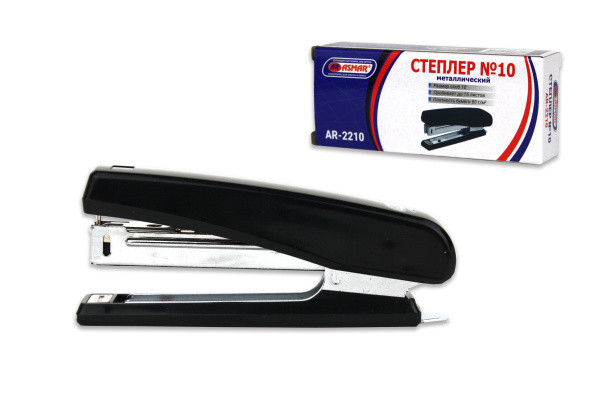 Степлер "Attomex" № 10 (мощность 15 листов, глубина скрепления 35 мм) металлический, со встроенным металлическим антистеплером, в картонной коробке, синий