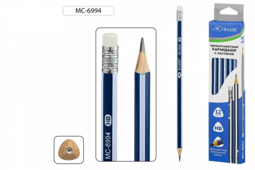 Карандаш чернографитный: "OFFICE"; НВ, деревянный, заточенный с ластиком, трёхгранный корпус /сине-белая полоска/; в упаковке 12 штук.