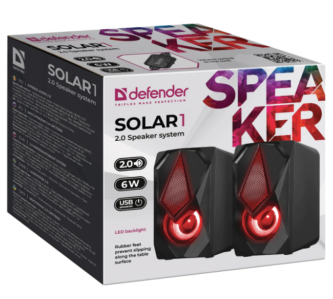 Колонки компьютерные DEFENDER SOLAR 1, 2.0, 6 Вт, пластик, чёрные