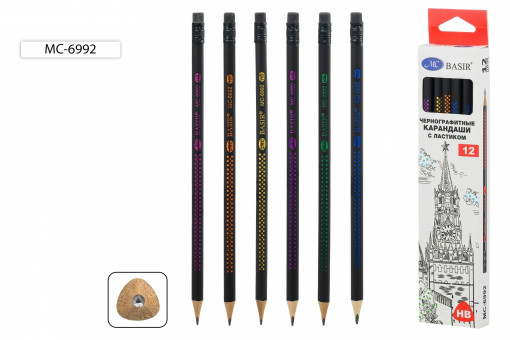 Карандаш чернографитный: "ТОЧКИ"; НВ, деревянный, заточенный с ластиком, трёхгранный чёрный корпус с цветными голографичечскими точками /ассорти/; в упаковке 12 штук.