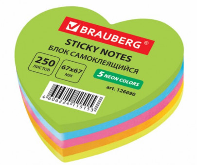 Блок самоклеящийся (стикеры), фигурный, BRAUBERG, НЕОНОВЫЙ "Сердце", 250 листов, 5 цветов