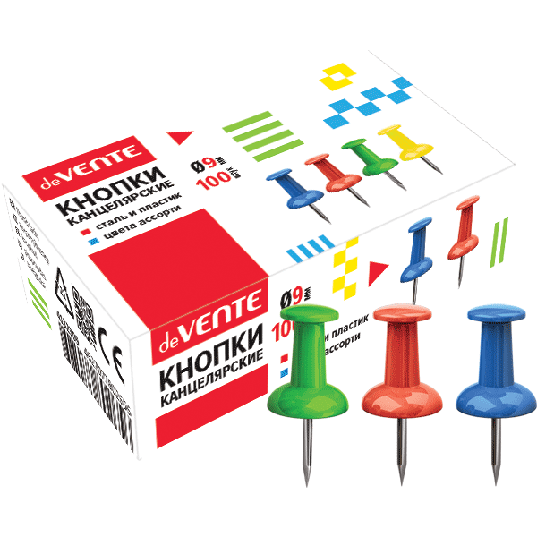 Кнопки канцелярские 9 мм силовые, цветные в форме гвоздика, 100 шт, deVENTE