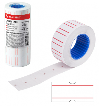 Этикет-лента 21х12 мм, прямоугольная, белая с красной полосой, комплект 5 рулонов по 600 шт., BRAUBERG, 123568