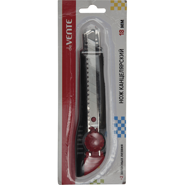 Нож канцелярский 18 мм, c 2-мя запасными лезвиями, металлические направляющие, черный с красным, deVENTE