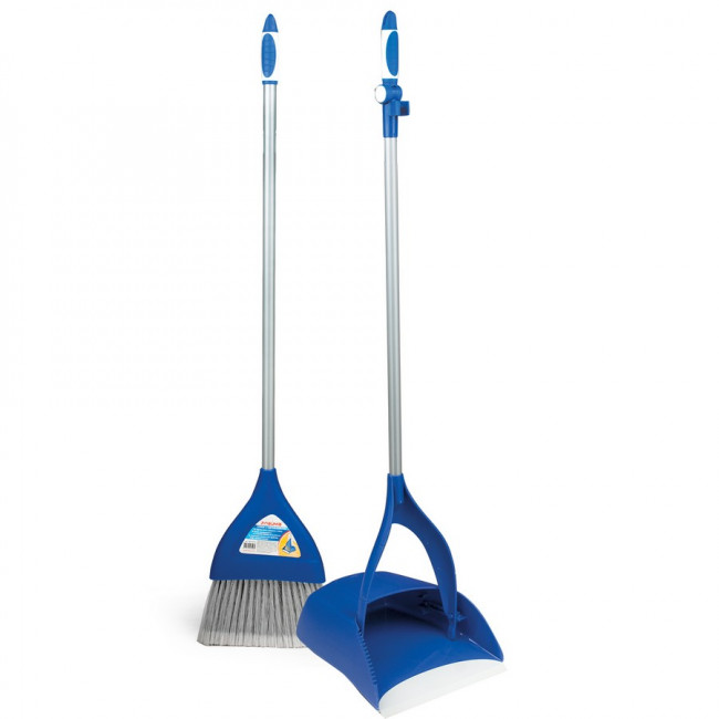 Совок для мусора LAIMA со щеткой-сметкой, складной, металлическая ручка 66 см, резиновая кромка, для дома и офиса