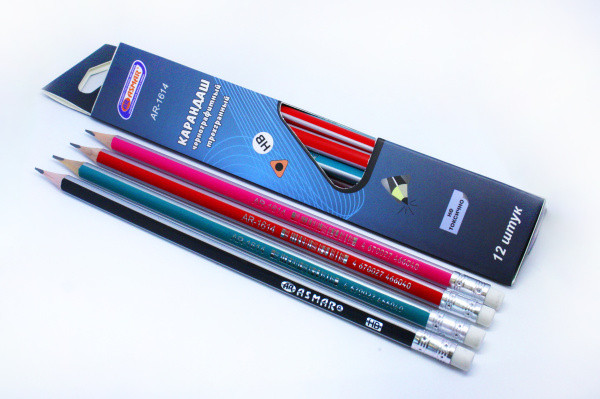 Карандаши чернографитные трехгранные HB с ластиком Asmar (12)