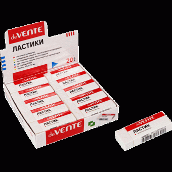 Ластик "deVENTE" синтетический каучук, прямоугольный белый, 57x21x10 мм, dust-free, в индивидуальной упаковке с штрих кодом, в картонном дисплее