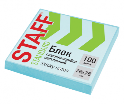 Блок самоклеящийся (стикеры) STAFF STANDARD, ПАСТЕЛЬНЫЙ 76х76 мм, голубой, 100 листов