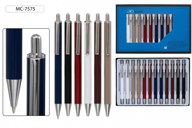 Ручка металлическая: автоматическая;  классический, цветной корус (6 цветов), клип и наконечник серебристые, цвет чернил - синий