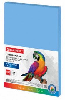 Бумага цветная BRAUBERG, А4, 80 г/м2, 100 л., интенсив, синяя, для офисной техники