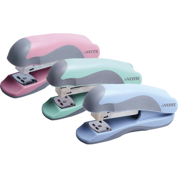 Степлер "deVENTE. Pastel" 24/6&26/6 (мощность 20 листов, глубина скрепления 45 мм) пластиковый с каучуковой вставкой, в картонной коробке, 3 пастельных цвета ассорти