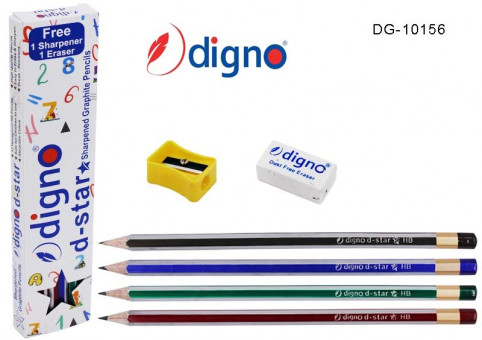 Карандаш чернографитный "DIGNO" заточенный, с ластиком и точилкой, 12шт, Basir/DG-10156