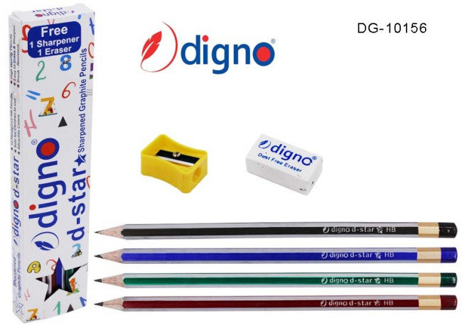Карандаш чернографитный "DIGNO" заточенный, с ластиком и точилкой, 12шт, Basir/DG-10156