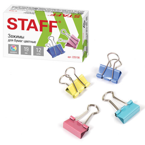 Зажимы для бумаг STAFF "Profit", КОМПЛЕКТ 12 шт., 19 мм, на 60 листов, цветные, картонная коробка