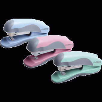 Степлер "deVENTE. Pastel" № 10 (мощность 12 листов, глубина скрепления 45 мм) пластиковый с каучуковой вставкой, в картонной коробке, 3 пастельных цвета ассорти
