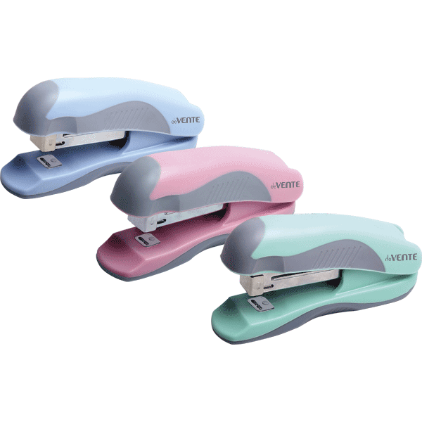Степлер "deVENTE. Pastel" № 10 (мощность 12 листов, глубина скрепления 45 мм) пластиковый с каучуковой вставкой, в картонной коробке, 3 пастельных цвета ассорти