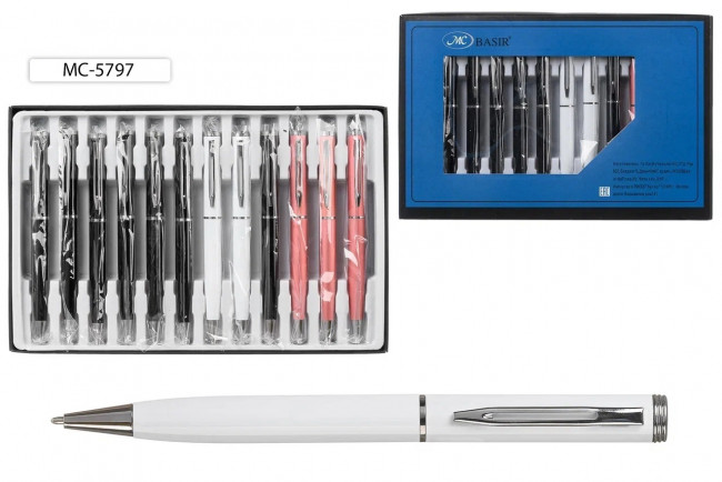 Ручка металлическая: с поворотным механизмом, цветной корпус /ассорти/, клип и наконечник-еребристые, цвет чернил - синий.