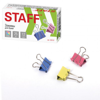 Зажимы для бумаг STAFF "Profit", КОМПЛЕКТ 12 шт., 25 мм, на 100 листов, цветные, картонная коробка