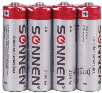 Батарейки КОМПЛЕКТ 4 шт., SONNEN, АА (R6, 15А), солевые, пальчиковые, в пленке