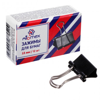 Зажим для бумаг "Attomex" металлический (15 мм) толщина скрепления до 5 мм, черный, 12 шт в картонной коробке