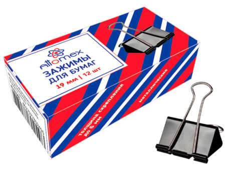 Зажим для бумаг "Attomex" металлический (19 мм) толщина скрепления до 6 мм, черный, 12 шт в картонной коробке