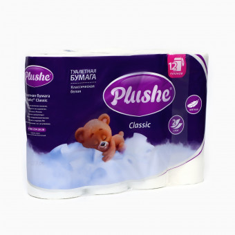 Туалетная бумага 12 рулонов, 2 слоя, белые, Plushe Classic