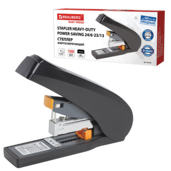 Степлер ЭНЕРГОСБЕРЕГАЮЩИЙ МОЩНЫЙ №24/6-23/13 BRAUBERG "Easy Press", до 100 листов, БЕЗ УСИЛИЙ