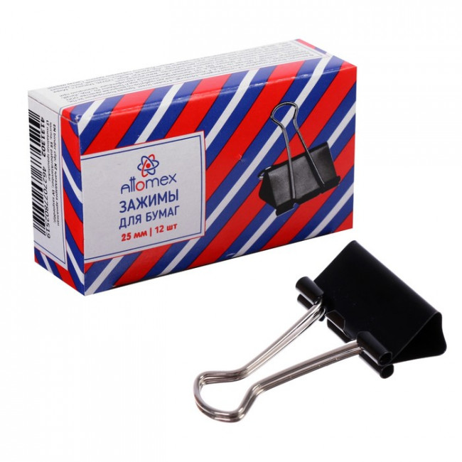 Зажим для бумаг "Attomex" металлический (25 мм) толщина скрепления до 10,5 мм, черный, 12 шт в картонной коробке