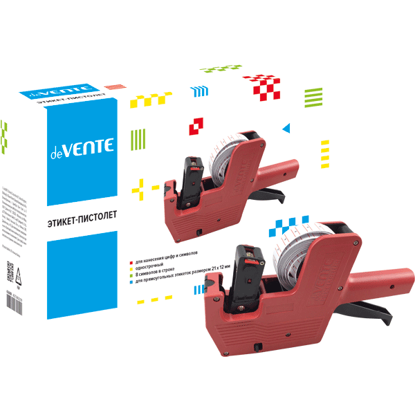 Этикет-пистолет 1-строчный, 8 символов, для прямоугольных этикеток 21x12 мм, красный цвет корпуса, deVENTE