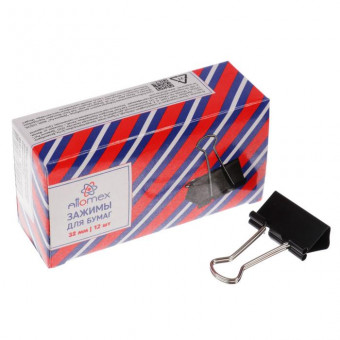 Зажим для бумаг "Attomex" металлический (32 мм) толщина скрепления до 13,5 мм, черный, 12 шт в картонной коробке