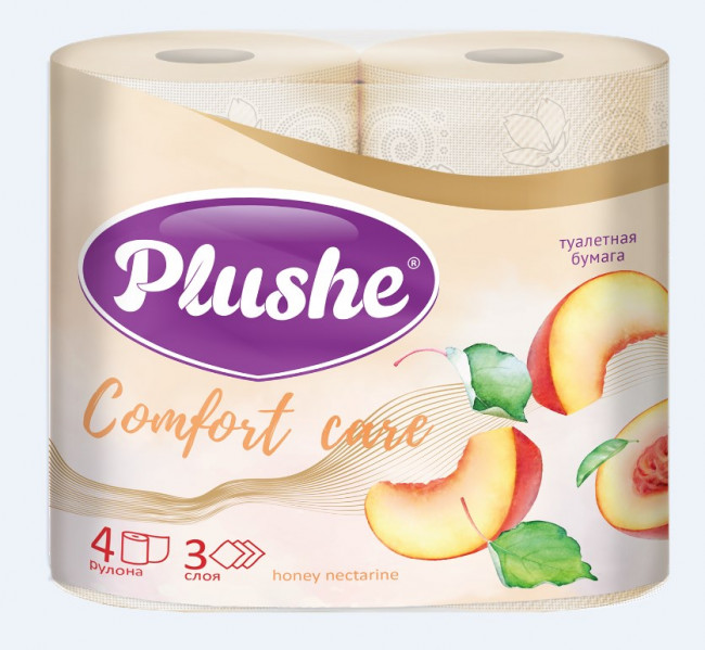 Туалетная бумага 4 рулона, 3 слоя, аромат персик «Comfort care» Honey Nectarine, Plushe