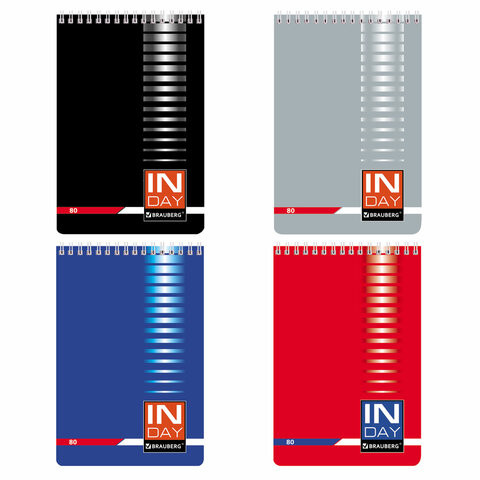 Блокнот А5 146х205 мм, 80 л., гребень, мелованная картонная обложка, клетка, BRAUBERG, "INDAY", ассорти
