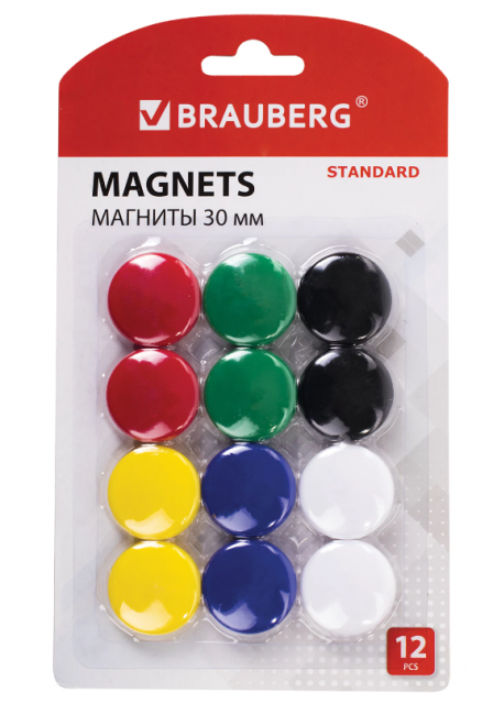Магниты BRAUBERG "STANDARD" 30 мм, НАБОР 12 шт., ассорти