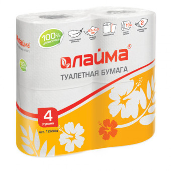 Бумага туалетная быт., спайка 4 шт., 2-х слойная, (4х19 м), ЛАЙМА, белая (12)