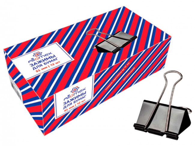 Зажим для бумаг "Attomex" металлический (51 мм) толщина скрепления до 21,5 мм, черный, 12 шт в картонной коробке