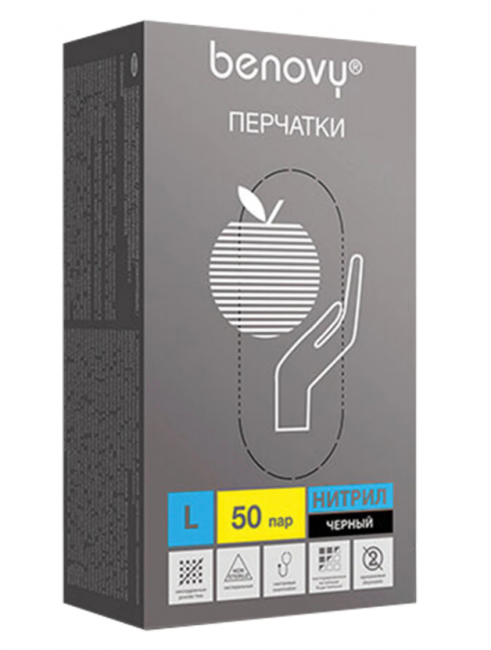 Перчатки нитриловые смотровые 50 пар (100 штук), размер 8-9, L (большой), черные, BENOVY Nitrile Chlorinated Перчатки нитриловые смотровые 50 пар (100 штук), размер 8-9, L (большой), черные, BENOVY Nitrile Chlorinated