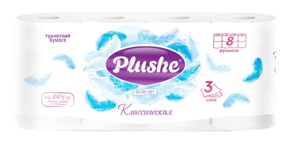 Туалетная бумага 8 рулонов, 3 слоя, белая, "Классическая" Plushe Deluxe Light Туалетная бумага 8 рулонов, 3 слоя, белая, "Классическая" Plushe Deluxe Light