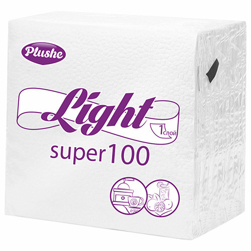 Салфетки бумажные 1-слойные " Plushe " Light, 90шт Белые, 100% целлюлоза, 22,5*22,5см