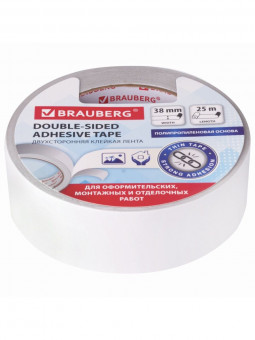 Клейкая двухсторонняя лента 38 мм х 25 м, ПОЛИПРОПИЛЕНОВАЯ ОСНОВА, 90 микрон, BRAUBERG