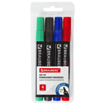 Маркеры перманентные BRAUBERG "Contract", НАБОР 4 ЦВЕТА, скошенный наконечник, 1-5 мм