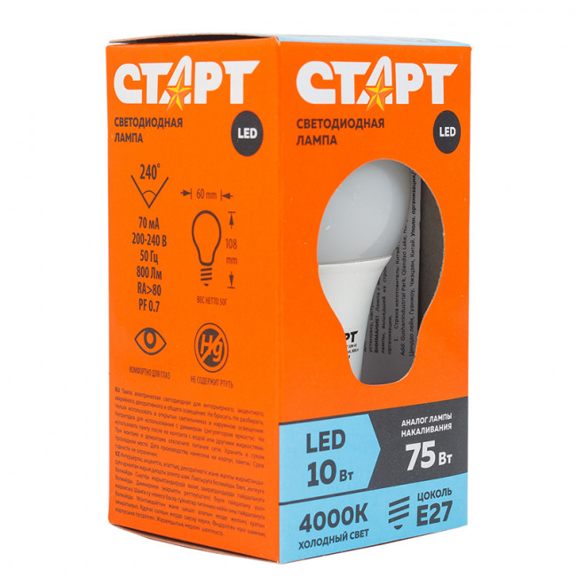 Лампа светодиодная Старт LED, серия "ЭКО" 10W40, тип А "груша", E27, 4000К, холодный свет, 15000ч Лампа светодиодная Старт LED, серия "ЭКО" 10W40, тип А "груша", E27, 4000К, холодный свет, 15000ч